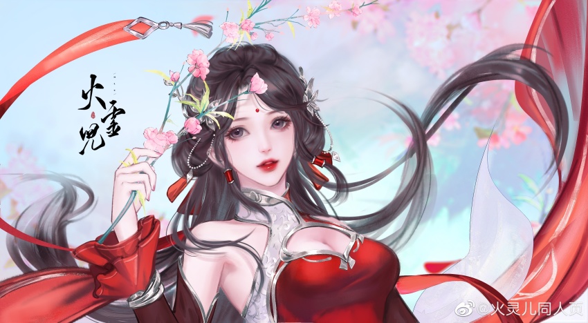 1girl, absurdres, bare_shoulders, blue_sky, brown_hair, dress, hair_rings, highres, huo_linger_(wanmei_shijie), huo_linger_tongren_she, long_hair, looking_at_viewer, red_dress, ribbon, sky, wanmei_shijie, watermark, weibo_watermark