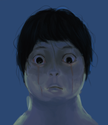 black_hair, blood, blood_on_face, bloodshot_eyes, bloody_tears, blue_background, kazz, looking_at_viewer