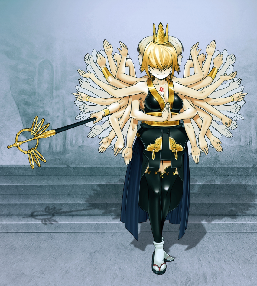 1girl, bad_id, bad_pixiv_id, black_thighhighs, blonde_hair, blue_background, breasts, cleavage