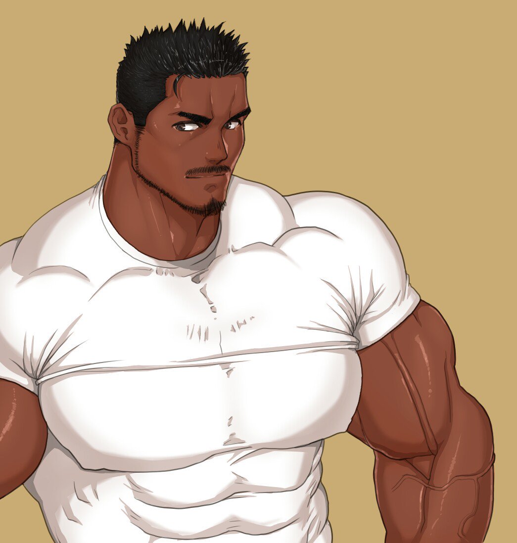 1boy, abs, bad_id, bad_pixiv_id, bara, beard, black_hair, broad_shoulders, brown_eyes, close-up, dark-skinned_male, dark_skin, facial_hair, kuromine_hiraya, male_focus, manly, mature_male, muscular, muscular_arms, muscular_male, nipples, original, shirt, smile, solo, spiked_hair, stubble, t-shirt, thick_eyebrows, tight_clothes, upper_body, veins, veiny_arms