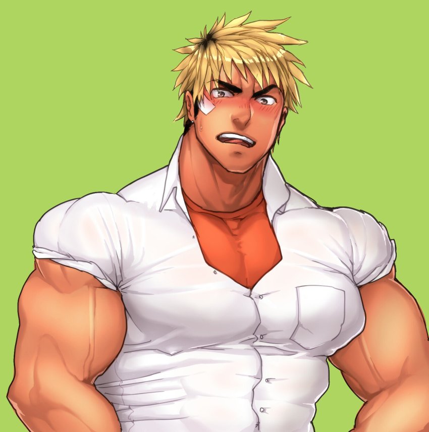 1boy, bad_id, bad_pixiv_id, bara, black_hair, blonde_hair, blush, close-up