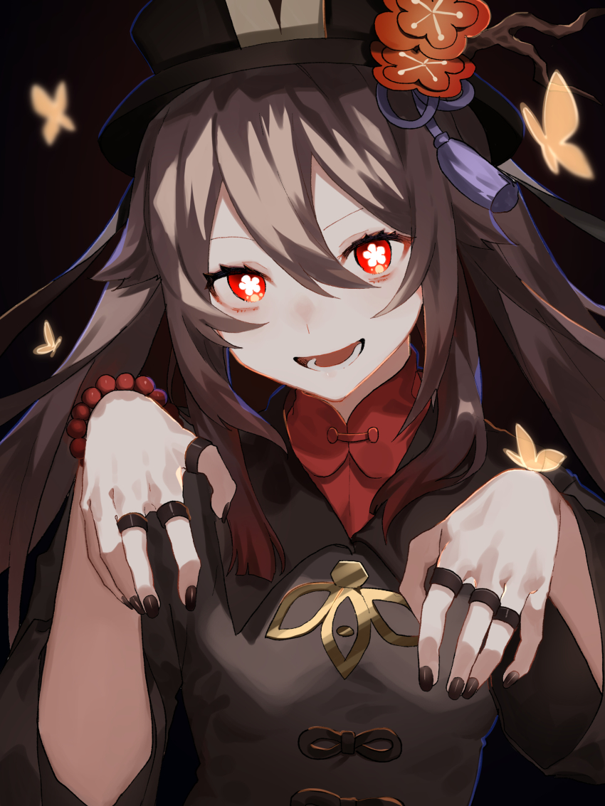 1girl, bead_bracelet, beads, black_background, black_coat, black_hat, blurry, bracelet