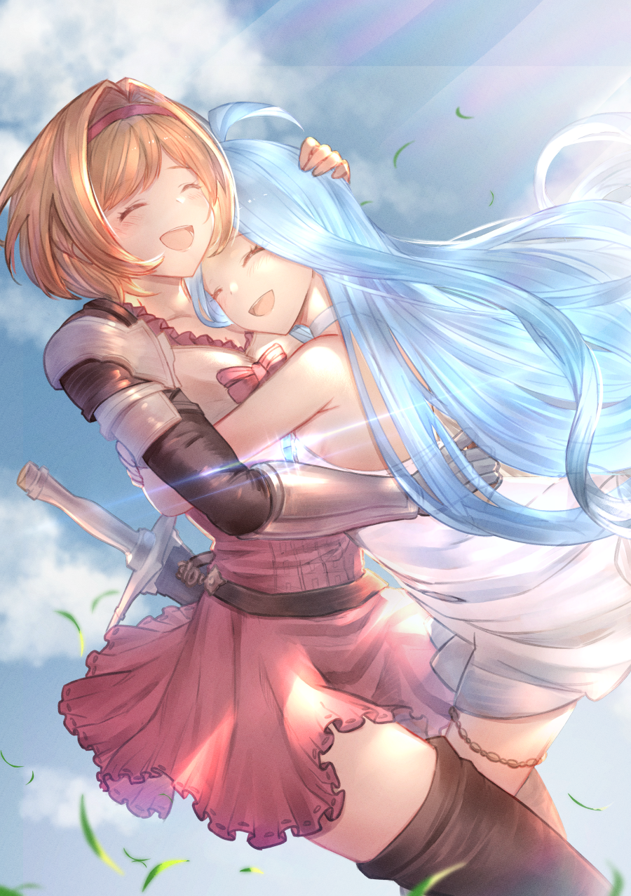 2girls, :d, ^_^, ahoge, armor, black_legwear, blonde_hair, blue_hair, bow, bowtie, choker, closed_eyes, collarbone, djeeta_(granblue_fantasy), floating_hair, gauntlets, granblue_fantasy, hair_intakes, hairband, highres, hug, jewelry, long_hair, lyria_(granblue_fantasy), miniskirt, multiple_girls, open_mouth, peruru, pink_bow, pink_bowtie, pink_skirt, red_hairband, sheath, sheathed, shirt, short_hair, shoulder_armor, skirt, smile, sword, thighhighs, thighlet, very_long_hair, weapon, white_choker, white_shirt, yuri, zettai_ryouiki