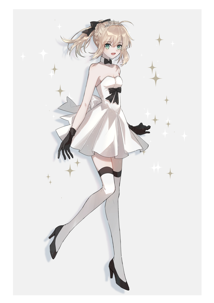 1girl, :d, absurdres, ahoge, artoria_pendragon_(fate), black_bow, black_bowtie, black_footwear