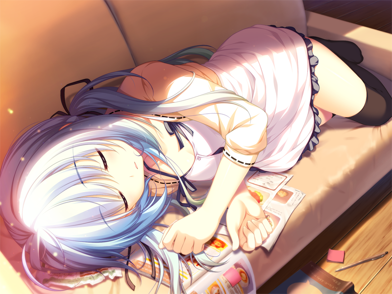 1girl, alpha_(yukai_na_nakamatachi), black_ribbon, black_thighhighs, closed_eyes, collarbone, couch, dress