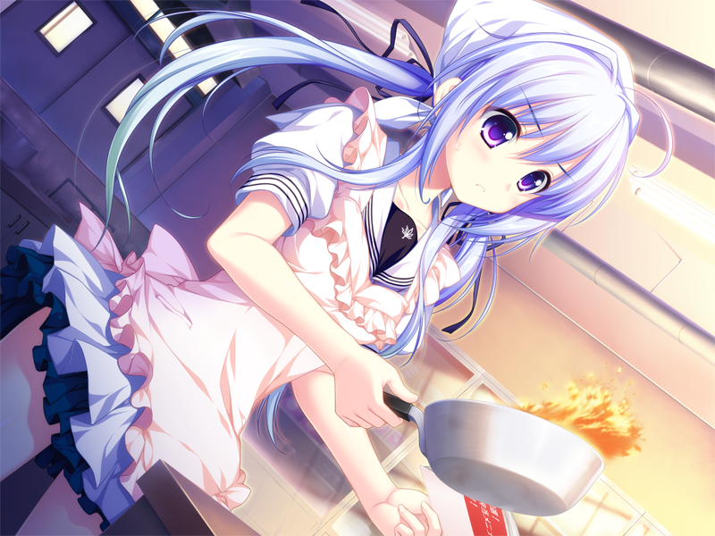 1girl, ahoge, alpha_(yukai_na_nakamatachi), apron, black_skirt, collarbone, cooking, cowboy_shot