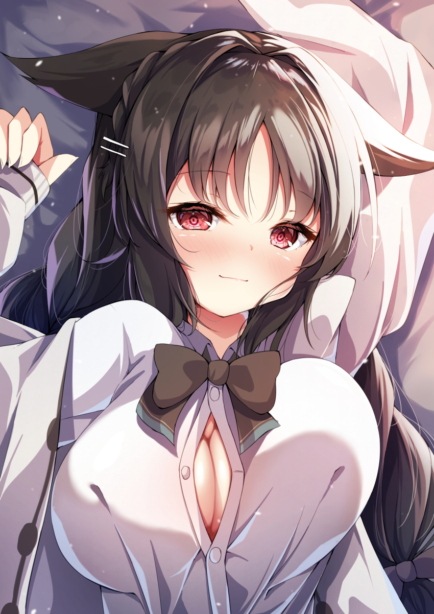 1girl, animal_ears, azur_lane, black_bow, black_bowtie, black_hair, blush, bow