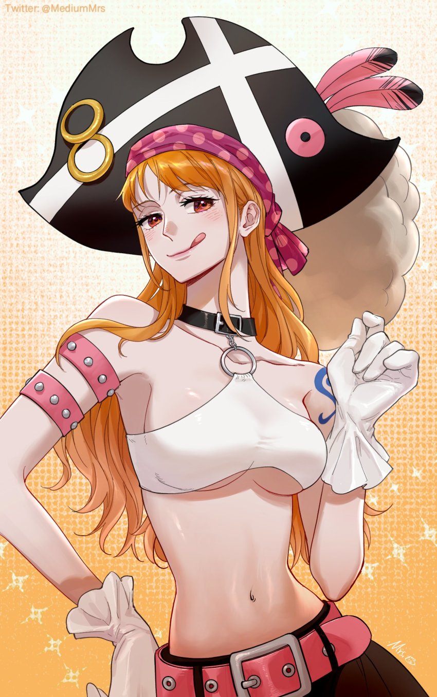 1girl, :p, absurdres, belt, black_skirt, breasts, choker, crop_top, gloves, hat, highres, large_breasts, long_hair, looking_at_viewer, midriff, mrs.custard, nami_(one_piece), navel, one_piece, one_piece_film:_red, orange_eyes, orange_hair, pink_belt, pirate_costume, pirate_hat, skirt, smile, solo, tattoo, tongue, tongue_out, underboob, white_gloves