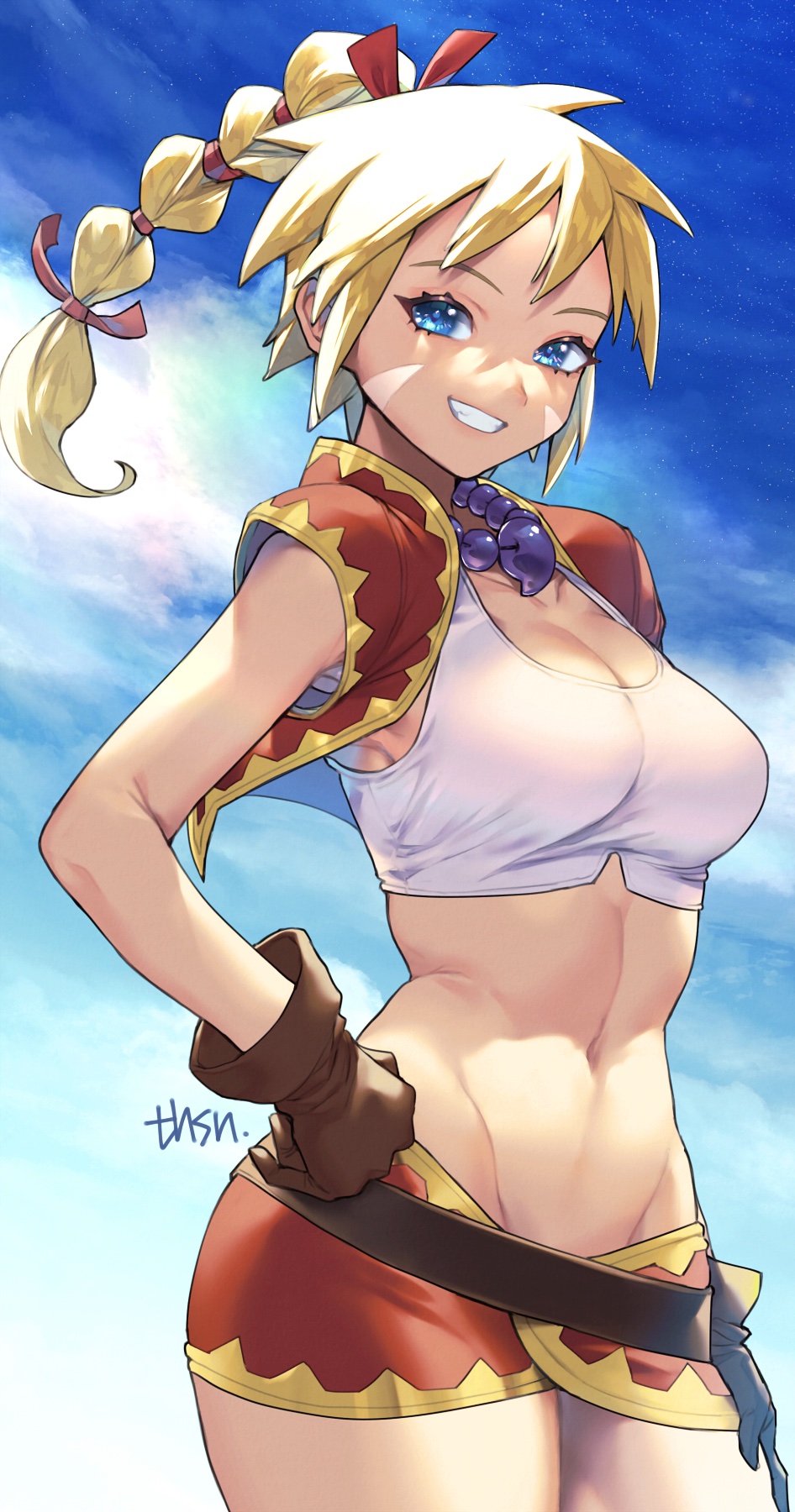 1girl, blonde_hair, blue_eyes, blue_sky, breasts, brown_gloves, chrono_cross, cleavage