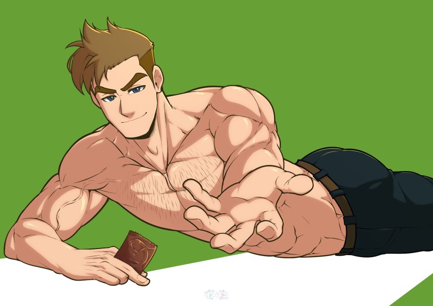 1boy, abs, bara, brown_hair, commentary_request, feet_out_of_frame, highres, inunekostudio