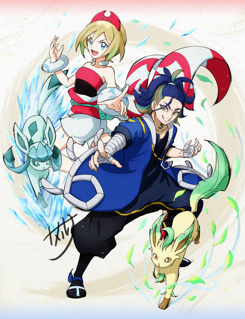 1boy, 1girl, :d, adaman_(pokemon), arm_wrap, blonde_hair, blue_coat, blue_eyes