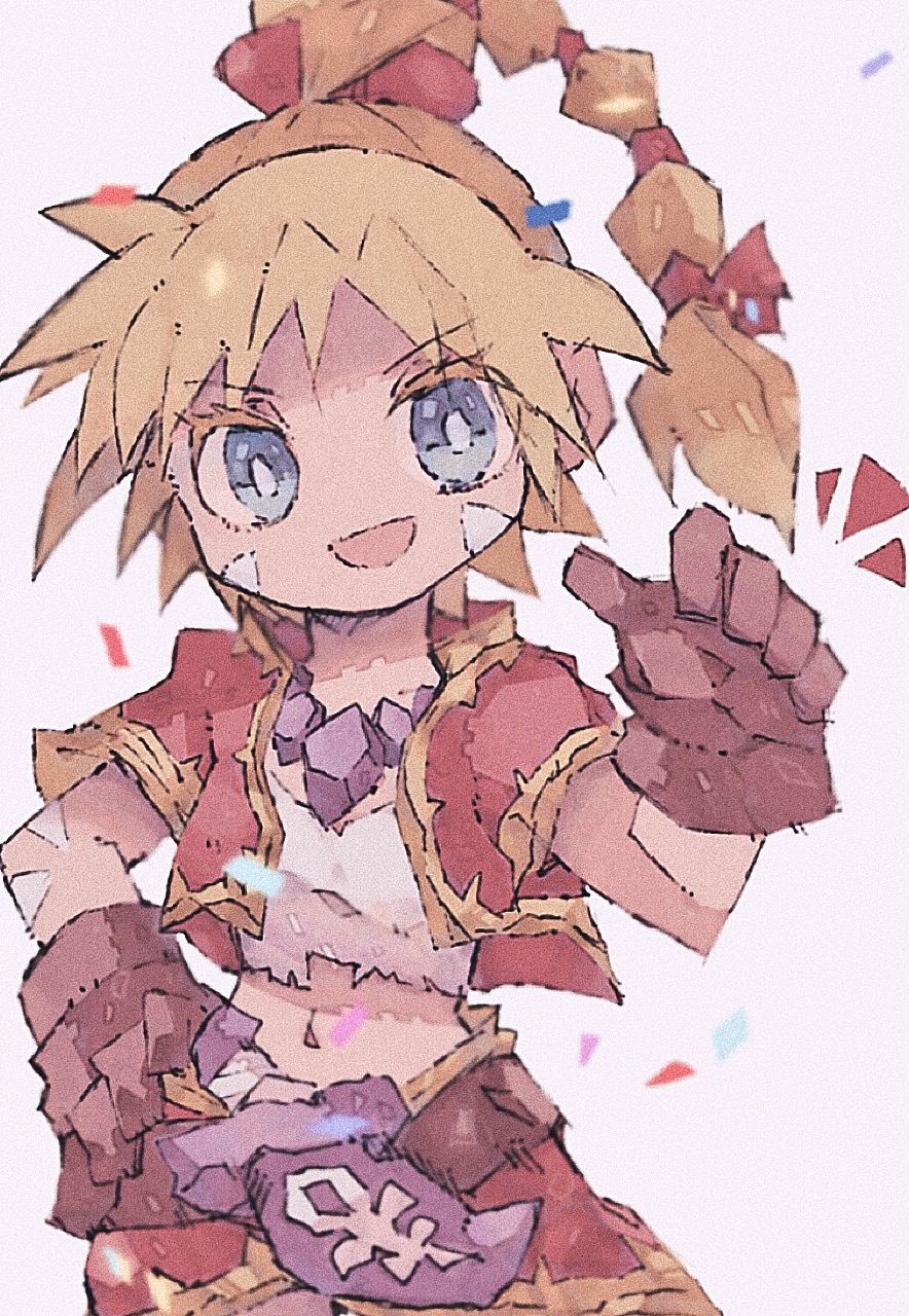 1girl, :d, ankomochi_(tomatoaaa), blonde_hair, blue_eyes, breasts, brown_gloves, chrono_cross