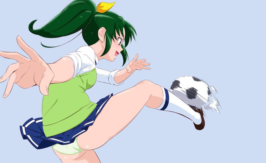 1girl, ass, ball, blue_background, blue_skirt, fuchi_(nightmare), green_eyes, green_hair