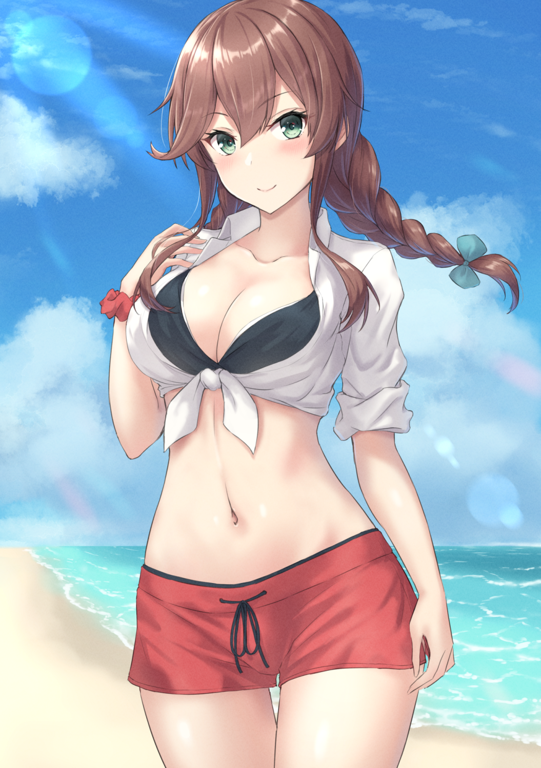 1girl, beach, bikini, bikini_under_clothes, black_bikini, blush, braid, breasts