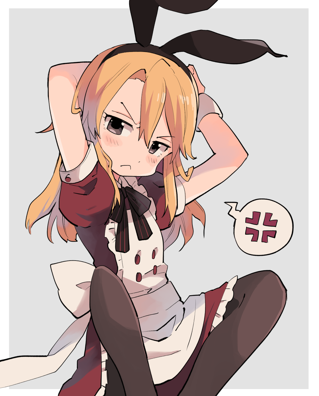 ai_nige, alice_(alice_in_wonderland), alice_(alice_in_wonderland)_(cosplay), anger_vein, animal_ears, apron, arms_up, blush