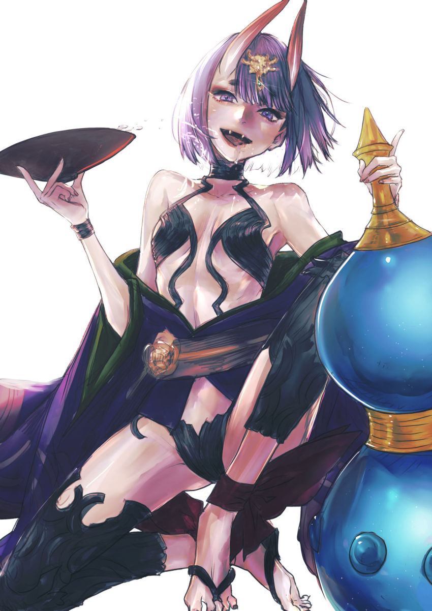 1girl, alcohol, bare_shoulders, bracelet, collarbone, cup, eyeshadow, fangs