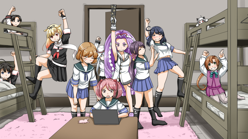 abyssal_ship, ahoge, akebono_(kancolle), akigumo_(kancolle), ayanami_(kancolle), ayanami_kai_ni_(kancolle), bed, bell