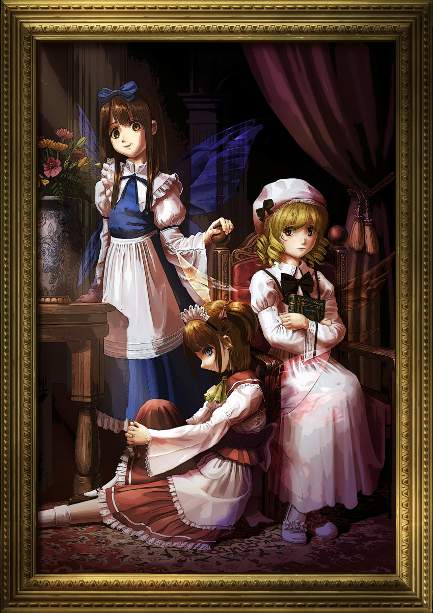 3girls, :|, apron, armchair, ascot, birijian, black_bow, black_bowtie