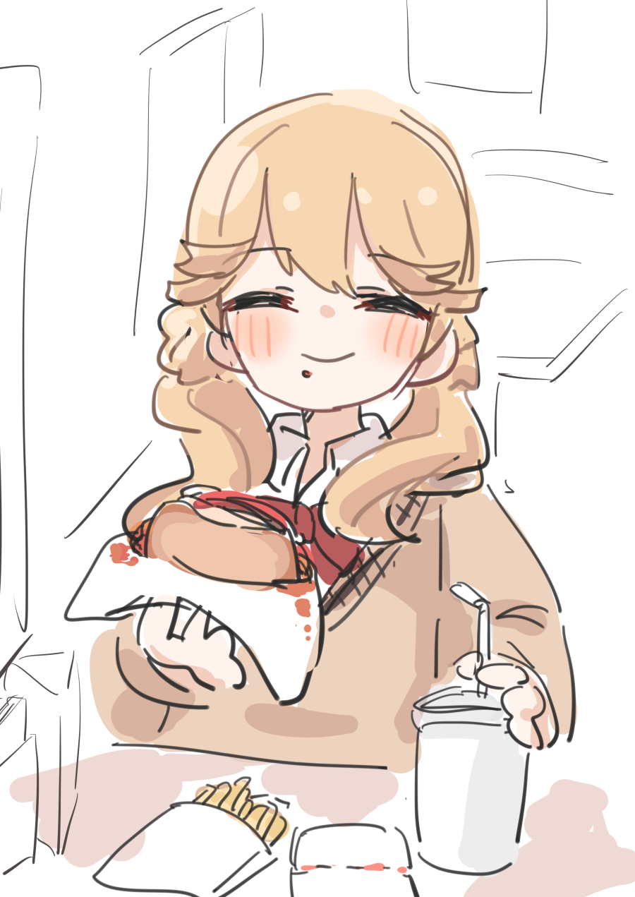 1girl, alice_gear_aegis, blonde_hair, blush, burger, drink, ealun_zatta, closed_eyes