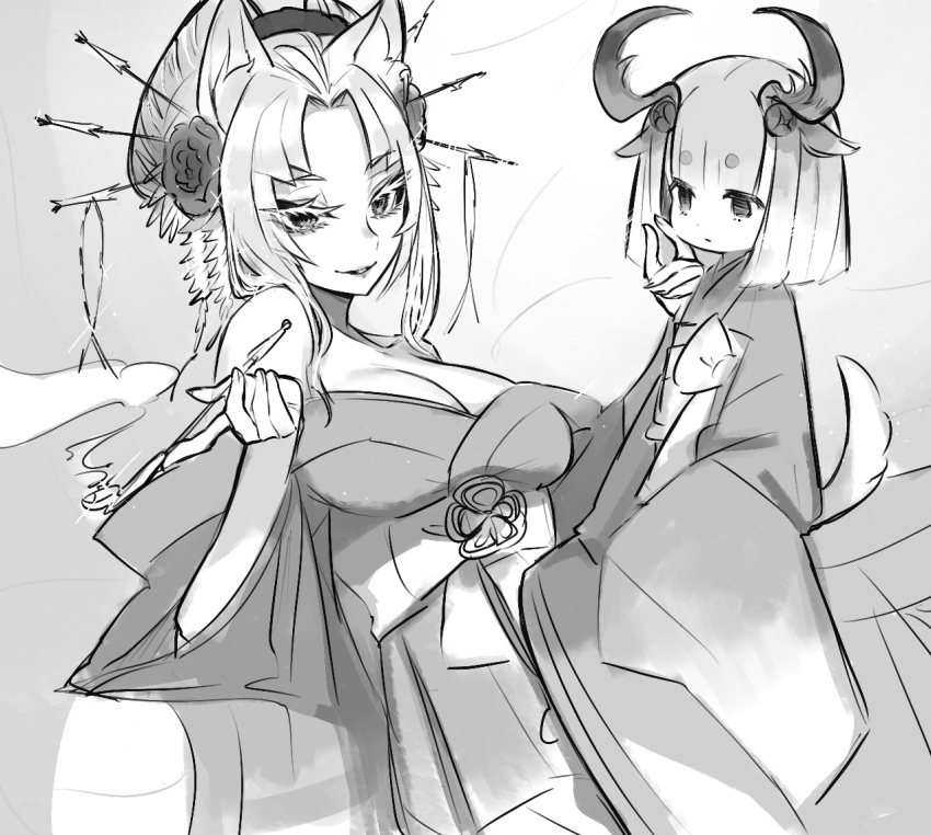 2girls, bare_shoulders, breasts, cleavage, japanese_clothes, large_breasts, multiple_girls, re:zero_kara_hajimeru_isekai_seikatsu