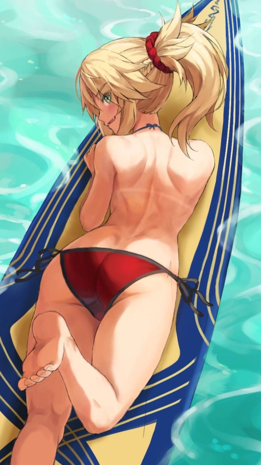 1girl, back, bikini, blonde_hair, braid, fate/grand_order, fate_(series), feet, green_eyes, highres, leg_up, looking_at_viewer, looking_back, lying, mordred_(fate), mordred_(fate/apocrypha), mordred_(swimsuit_rider)_(fate), mordred_(swimsuit_rider)_(first_ascension)_(fate), on_stomach, panties, ponytail, prydwen_(fate), red_bikini, red_panties, red_scrunchie, scrunchie, side-tie_bikini_bottom, soles, surfboard, swimsuit, tan, tanline, the_pose, tonee, topless_female, underwear, water