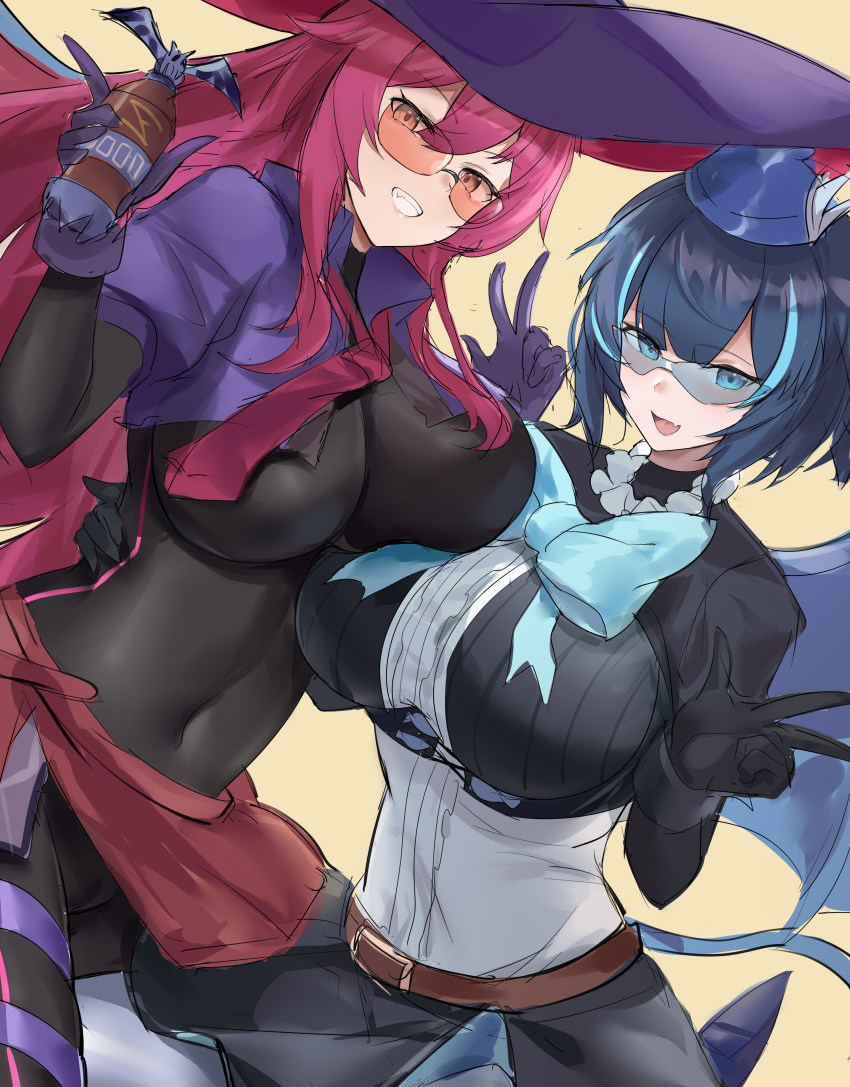 2girls, :d, absurdres, belt, black_bodysuit, black_jacket, black_skirt, blue-tinted_eyewear, blue_bow, blue_eyes, blue_hair, blue_headwear, blunt_bangs, bodysuit, bottle, bow, breasts, brown_belt, commentary, completion_time, covered_navel, cowboy_shot, cropped_jacket, cropped_vest, demon_wings, duel_monster, evil_twin_ki-sikil, evil_twin_lil-la, fang, glasses, gloves, green_eyes, grin, hair_between_eyes, hand_on_another's_waist, hat, highres, holding, holding_bottle, jacket, ki-sikil_(yu-gi-oh!), large_breasts, large_hat, lil-la_(yu-gi-oh!), long_hair, looking_at_viewer, multicolored_hair, multiple_girls, necktie, nutrient_z, open_mouth, pink-tinted_eyewear, pink_hair, pink_necktie, pink_wings, purple_gloves, purple_vest, qianshui_baodan, red_skirt, shirt, short_hair, sidelocks, simple_background, skin_fang, skin_tight, skindentation, skirt, smile, sunglasses, tail, teeth, thigh_strap, tinted_eyewear, v, vest, white_shirt, winged_hat, wings, yellow_background, yu-gi-oh!