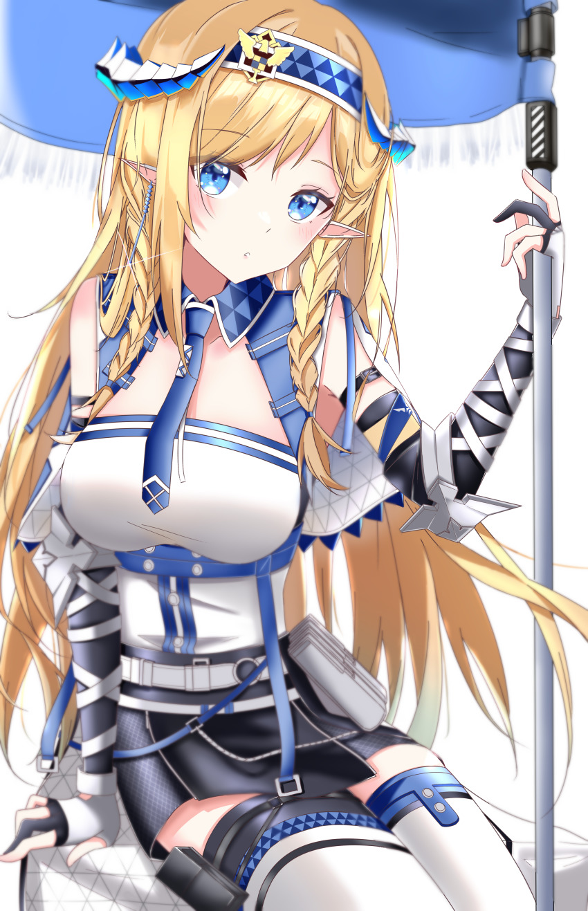 1girl, absurdres, akar1, arknights, arm_support, bare_shoulders, black_skirt, blonde_hair