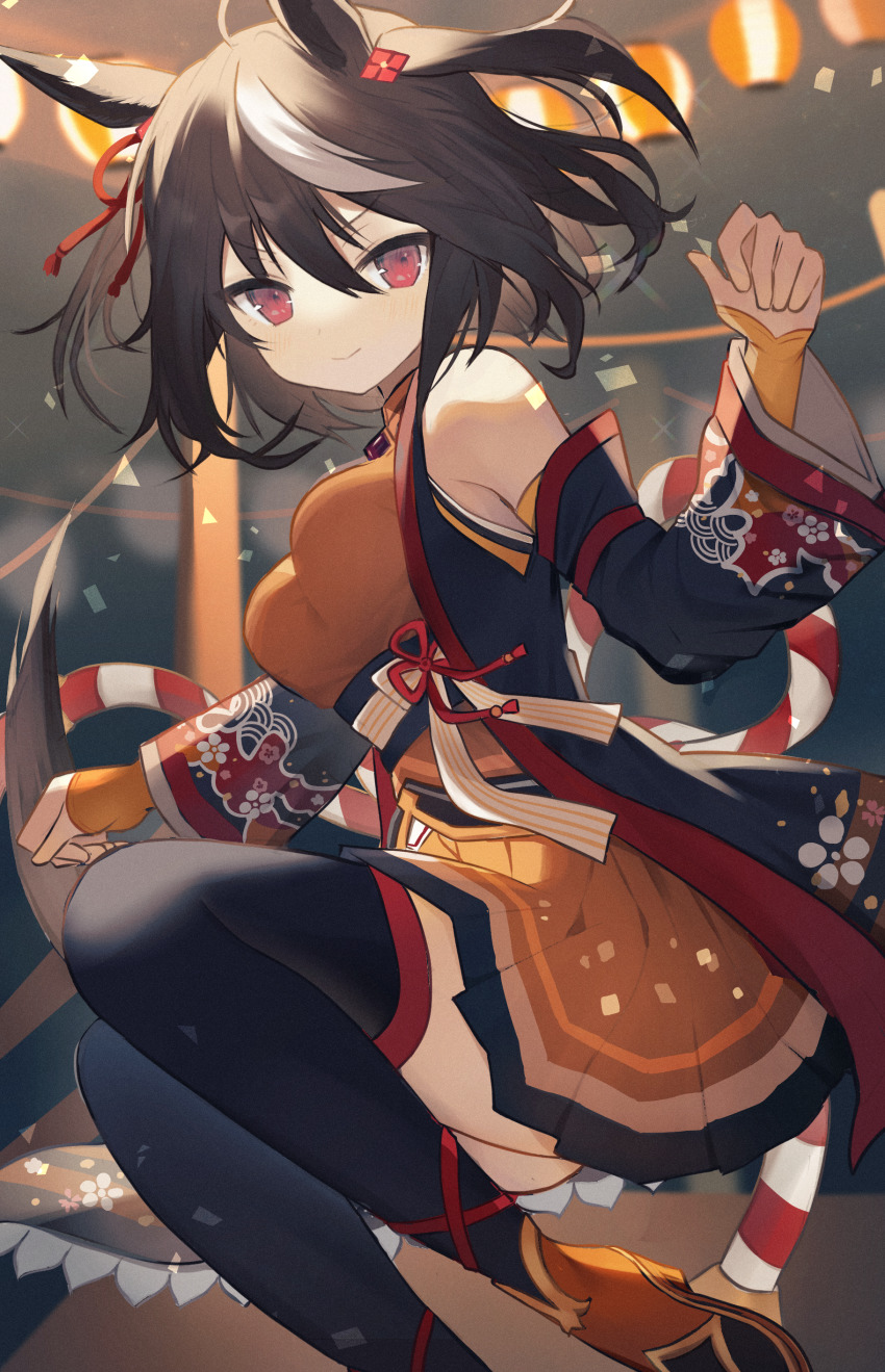 1girl, absurdres, ahoge, animal_ears, black_hair, blurry, blurry_background, breasts