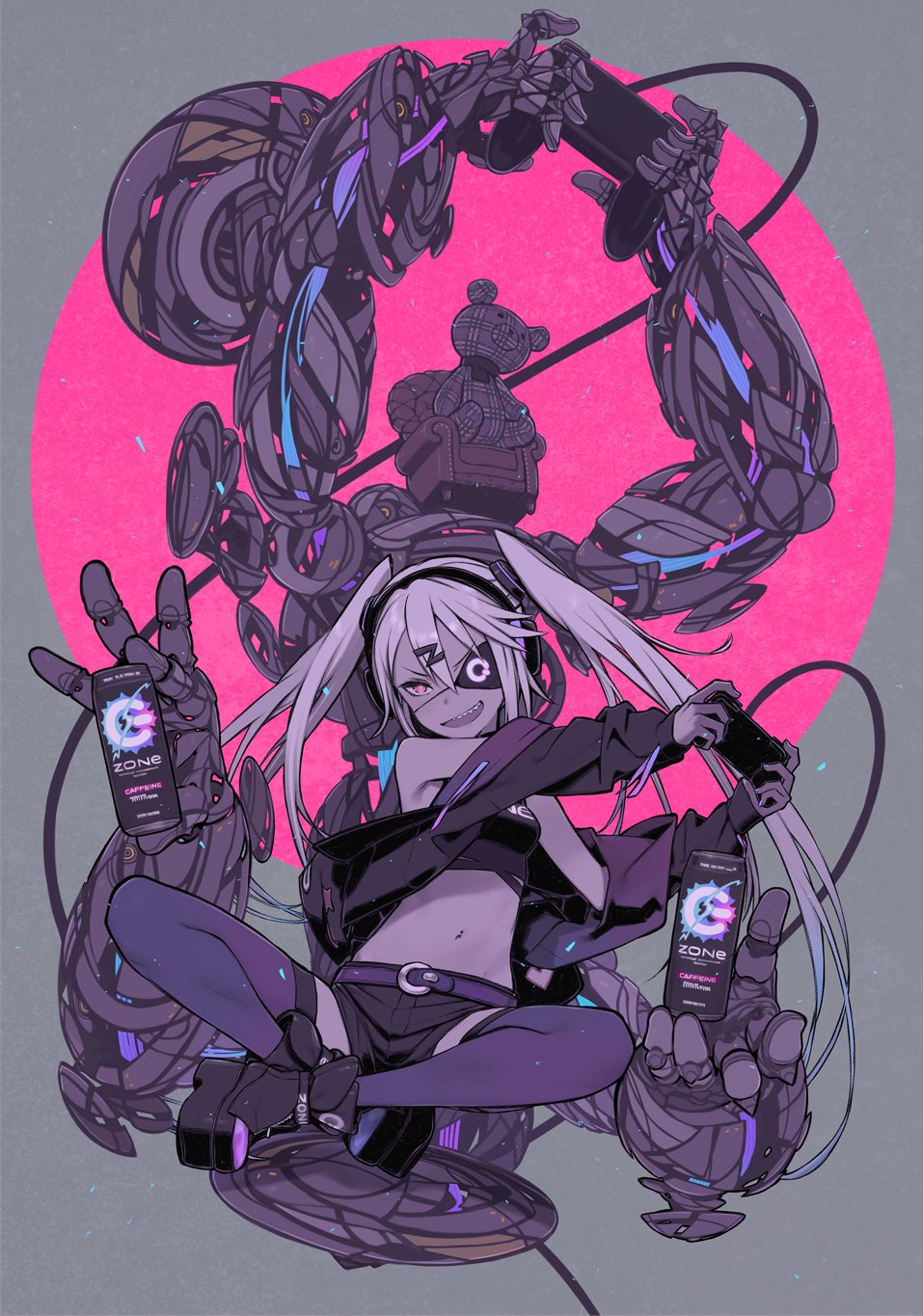 1girl, arms_up, bare_shoulders, belt, black_eyes, black_footwear, black_scarf, blue_hair