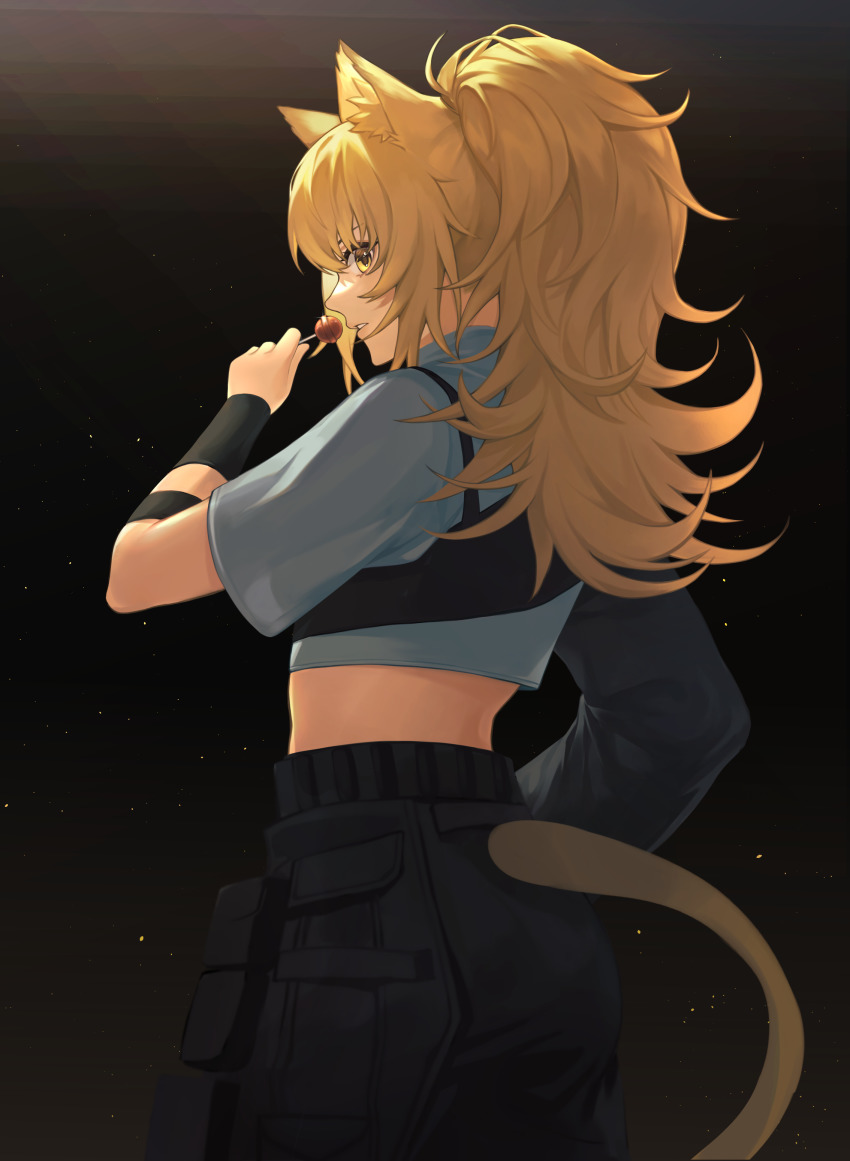 1girl, absurdres, arknights, asymmetrical_sleeves, black_background, black_pants, blonde_hair, candy