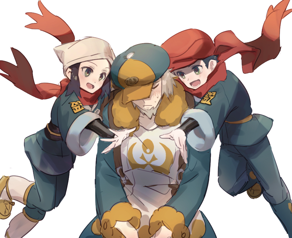 1girl, 2boys, akari_(pokemon), beard, black_hair, black_shirt, blush, closed_mouth