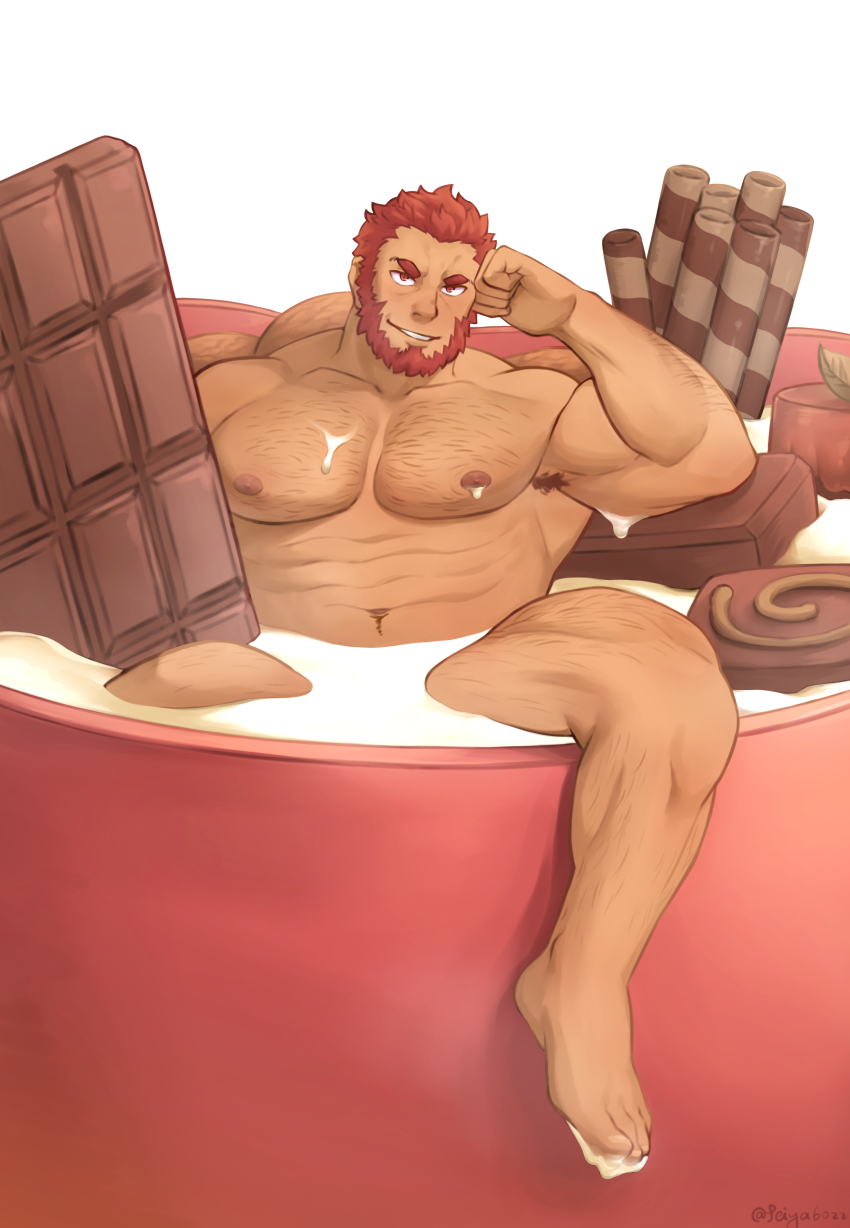 1boy, abs, absurdres, armpit_hair, bara, beard, biceps, candy, chest_hair, chocolate, chocolate_bar, completely_nude, cup, dark-skinned_male, dark_skin, elbow_rest, facial_hair, fate/grand_order, fate_(series), feiya6022, food, highres, in_container, in_cup, iskandar_(fate), large_pectorals, leg_hair, looking_at_viewer, male_focus, mature_male, milk, mini_person, miniboy, mug, muscular, muscular_male, navel, navel_hair, nipples, nude, partially_submerged, pectorals, seductive_smile, short_hair, smile, smirk, solo, stomach, thick_eyebrows, thick_thighs, thighs, valentine, white_background
