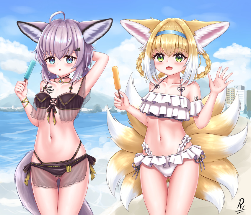 2girls, absurdres, ahoge, animal_ear_fluff, animal_ears, arknights, arm_behind_head, arm_up, armpits, beach, bikini, black_bikini, blue_eyes, blush, braid, braided_hair_rings, breasts, cleavage, cloud, food, fox_ears, fox_girl, fox_tail, gem, gluteal_fold, green_eyes, hair_ornament, hair_rings, hairband, hairclip, highres, jewelry, low_twintails, material_growth, multiple_girls, multiple_tails, navel, necklace, ocean, open_mouth, oripathy_lesion_(arknights), outdoors, popsicle, rylaera, sarong, see-through_clothes, short_hair, side-tie_bikini_bottom, sky, small_breasts, smile, sussurro_(arknights), sussurro_(summer_flower)_(arknights), suzuran_(arknights), swimsuit, tail, thigh_gap, thighs, twin_braids, twintails, variant_set, waving, white_bikini