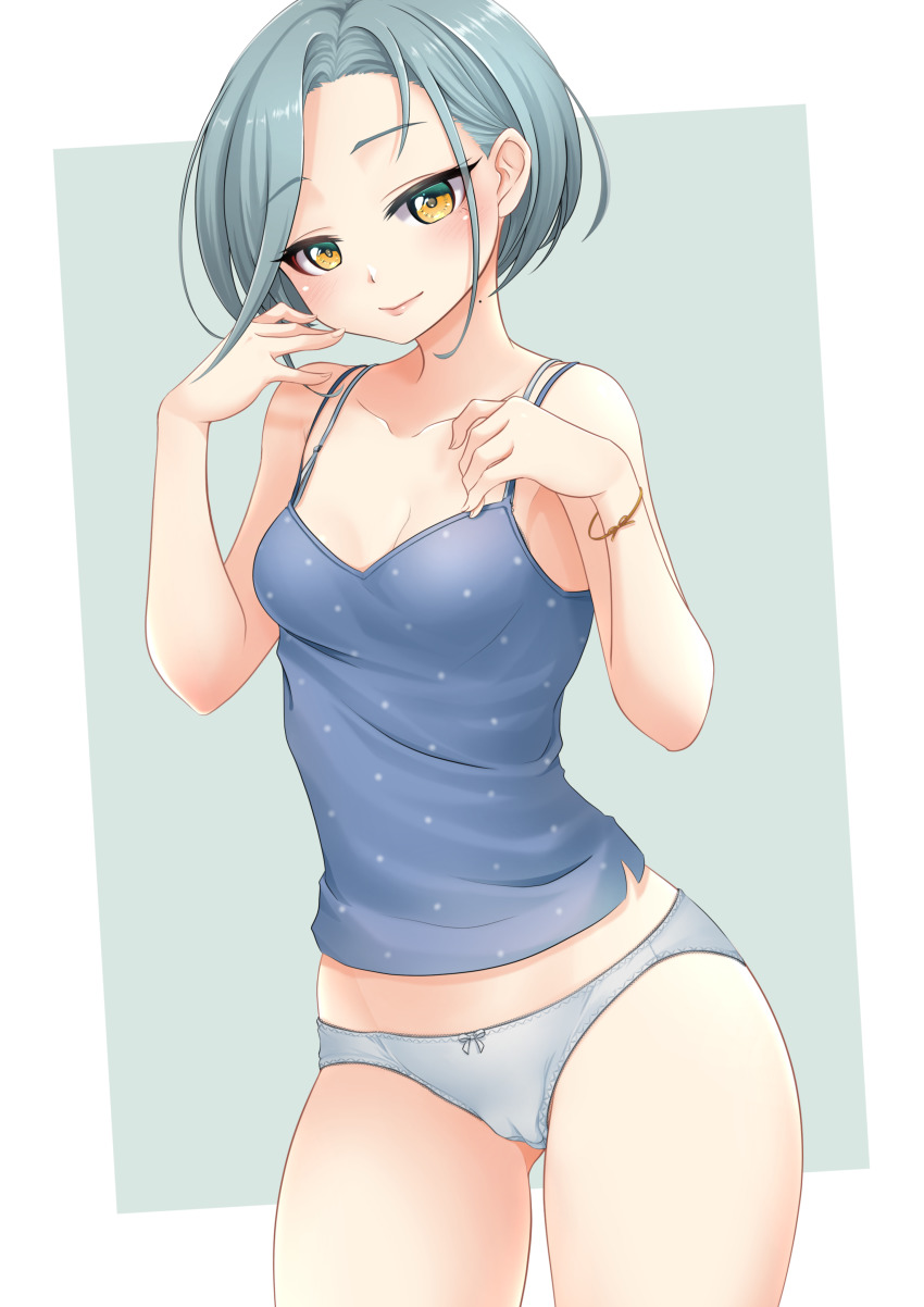 1girl, absurdres, blue_camisole, cameltoe, camisole, commentary_request, cowboy_shot, forehead, grey_hair, highres, kantai_collection, makura_(y_makura), mole, mole_on_neck, panties, short_hair, solo, standing, swept_bangs, tamanami_(kancolle), underwear, white_panties, yellow_eyes