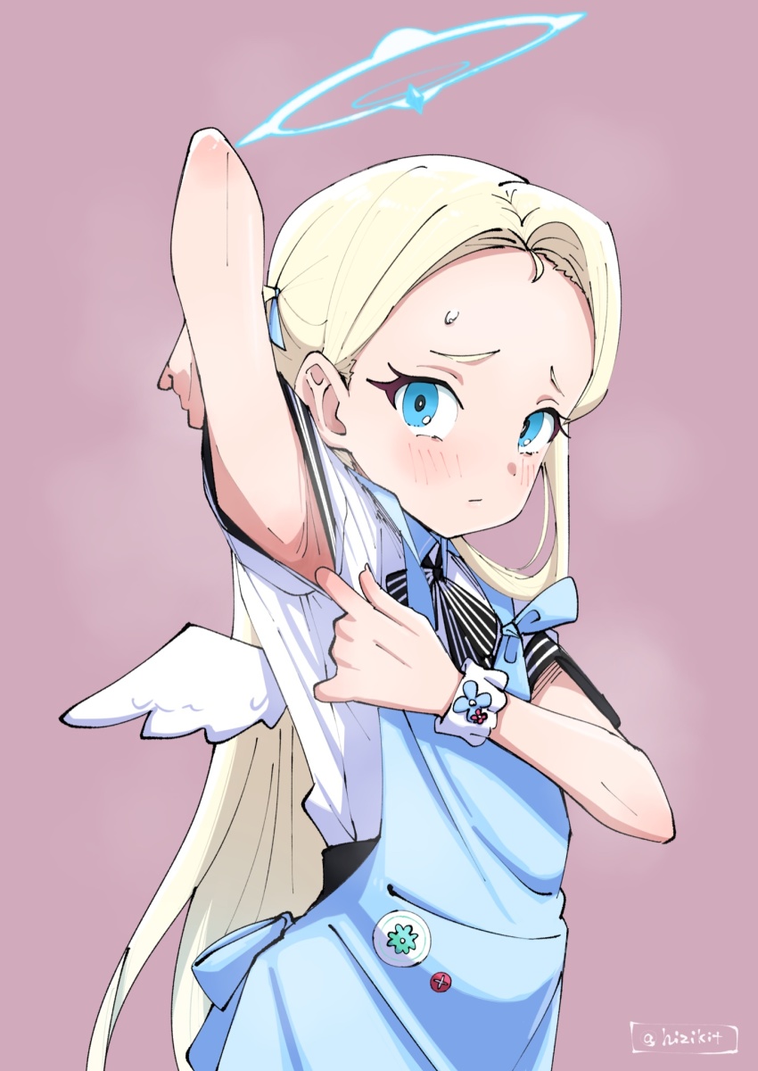1girl, angel_wings, apron, armpits, blonde_hair, blue_archive, blue_eyes, bow, bowtie, forehead, halo, highres, hizikit, long_hair, presenting_armpit, purple_background, school_uniform, signature, simple_background, solo, sora_(blue_archive), sweatdrop, twitter_username, very_long_hair, wings