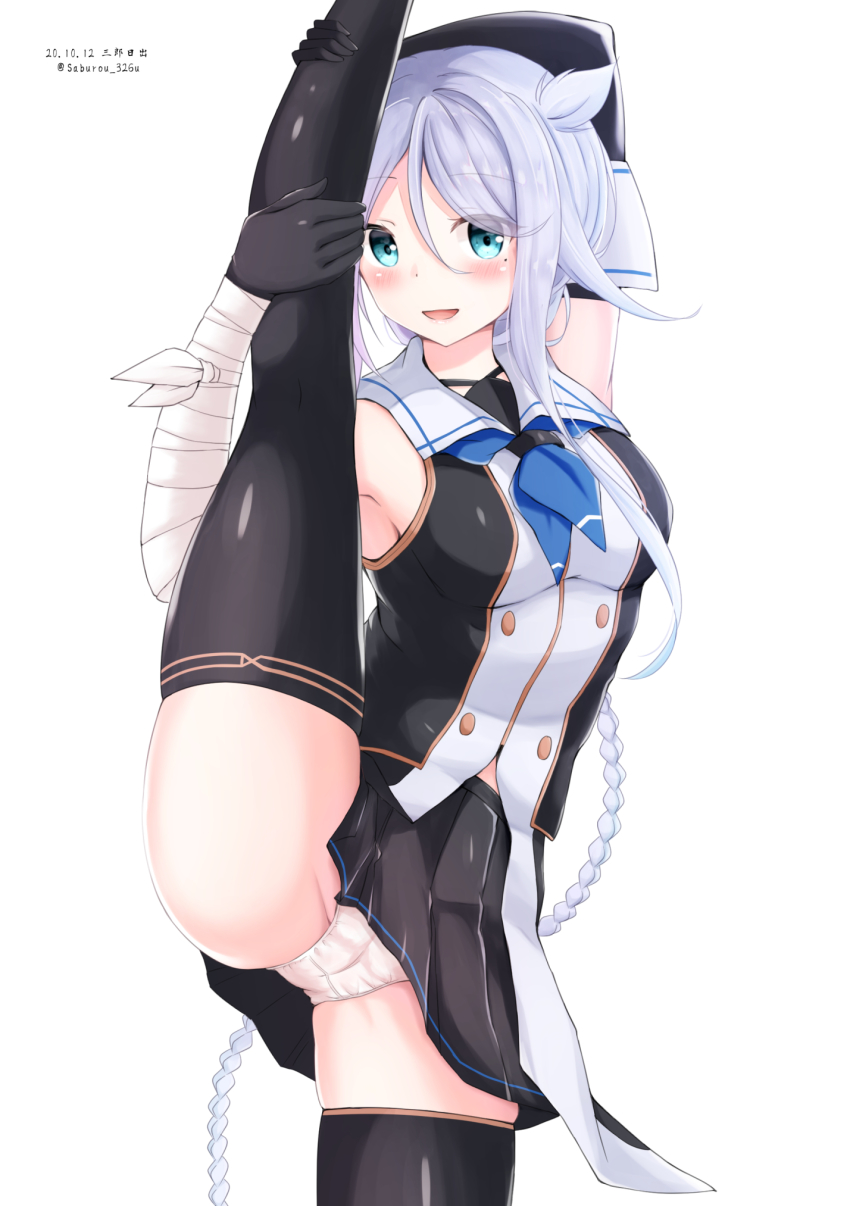 1girl, black_gloves, black_serafuku, black_skirt, black_thighhighs, blue_eyes, blue_neckerchief, braid