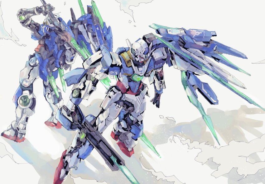 00_qan[t], aqua_eyes, back-to-back, commentary, dust_cloud, from_behind, gundam, gundam_00
