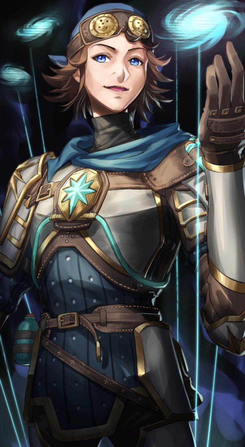 1girl, absurdres, apex_legends, armor, bandana, black_background, blue_bandana, blue_eyes, blue_scarf, brown_gloves, brown_hair, gloves, goggles, goggles_on_head, highres, horizon_(apex_legends), nemoto_yuuma, official_alternate_costume, open_mouth, scarf, short_hair, smile, solaris_horizon, solo, v-shaped_eyebrows