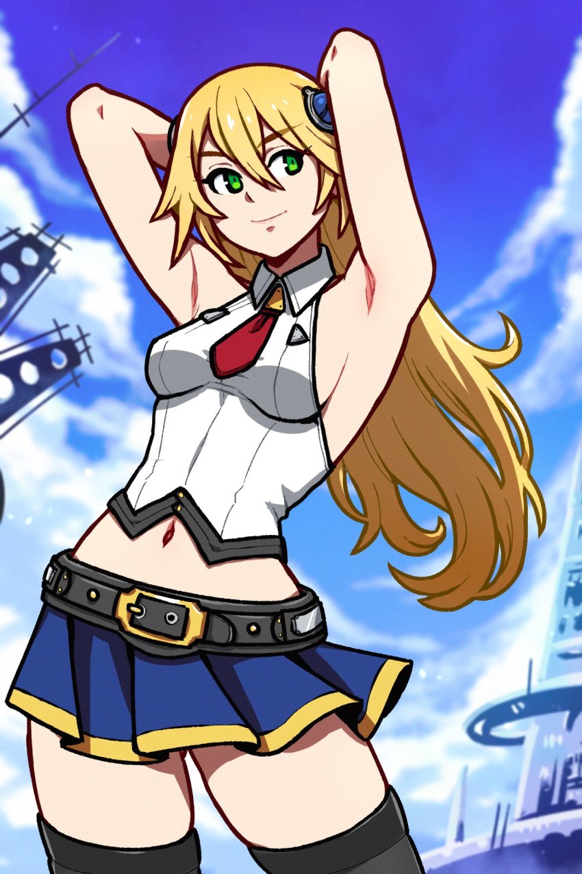 1girl, akairiot, arms_behind_head, arms_up, arnest, belt, black_thighhighs, blazblue, blazblue:_chronophantasma, blue_skirt, breasts, commentary, cropped_shirt, day, english_commentary, green_eyes, hair_between_eyes, hair_down, hair_ornament, highres, long_hair, midriff, miniskirt, navel, necktie, missing_headwear, noel_vermillion, red_necktie, shirt, short_necktie, sideboob, skirt, sleeveless, sleeveless_shirt, small_breasts, smile, solo, standing, thighhighs