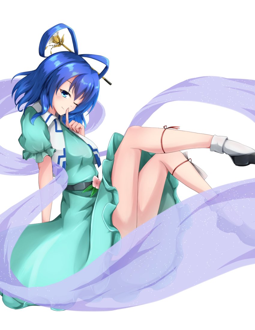 1girl, belt, blue_dress, blue_eyes, blue_hair, dress, flower, hagoromo, hair_ornament, hair_rings, hair_stick, highres, kaku_seiga, meso_(zgmf-xv), one_eye_closed, open_clothes, open_vest, puffy_short_sleeves, puffy_sleeves, shawl, shoes, short_hair, short_sleeves, simple_background, socks, solo, touhou, vest, white_background, white_socks, white_vest