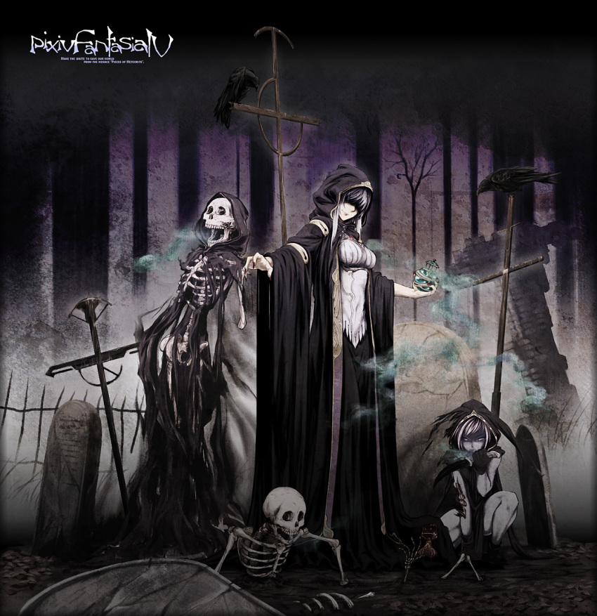 2girls, bare_legs, bird, black_gloves, bodice, breasts, cloak, cross, crow, dark, fingernails, gloves, graveyard, hair_over_eyes, highres, holding, holding_knife, hood, hooded_cloak, incense, knife, long_fingernails, looking_at_viewer, multiple_girls, muted_color, nail_polish, necromancer, on_one_knee, outstretched_arms, pale_skin, pixiv_fantasia, pixiv_fantasia_4, red_nails, sharp_fingernails, sidelocks, skeleton, smirk, smoke, tombstone, torn_clothes, un_(le_monde-alternatif), undead, white_eyes, white_hair