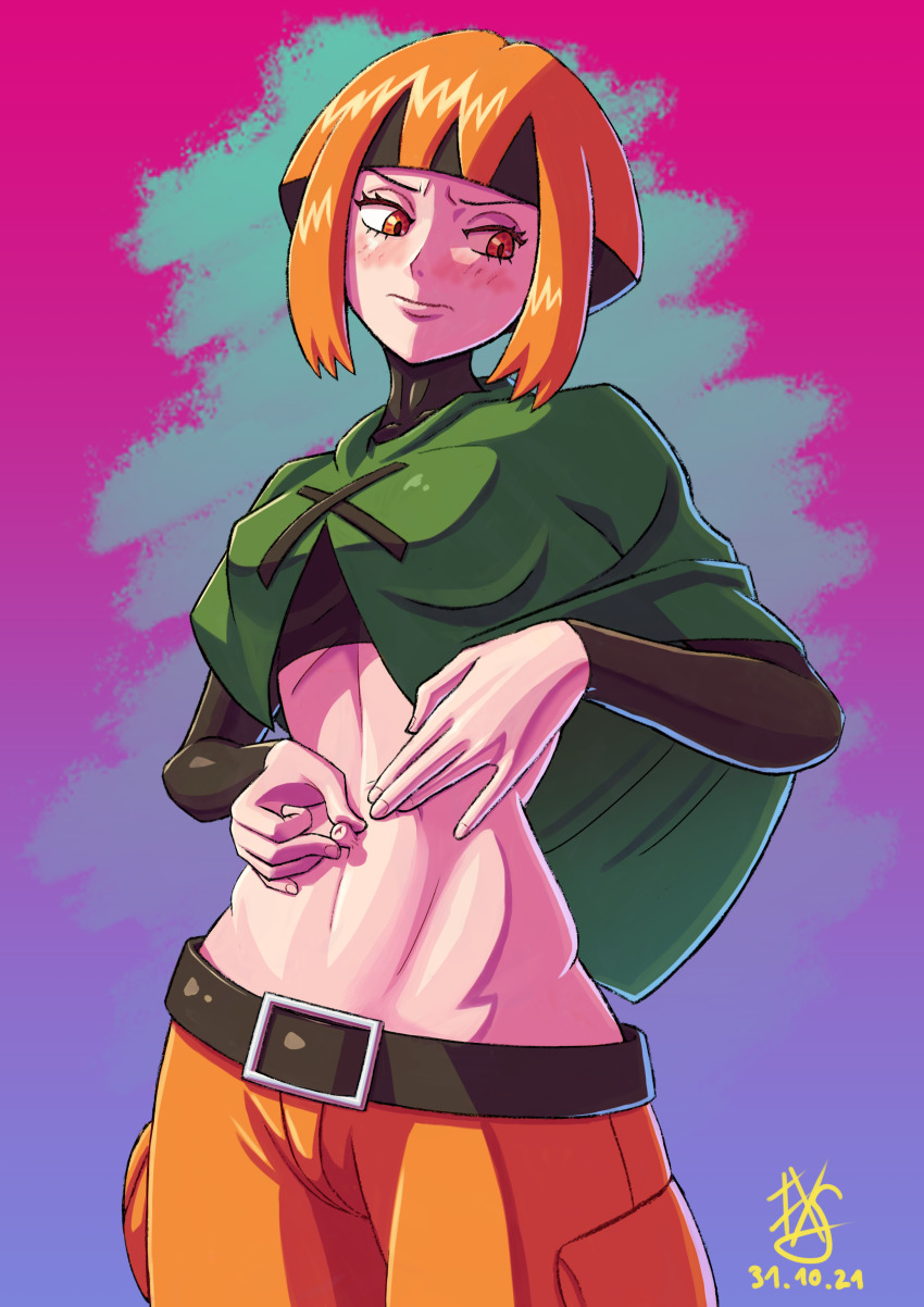 absurdres, capelet, embarrassed, frankgallaxx, gardenia_(pokemon), highres, midriff, multicolored_hair