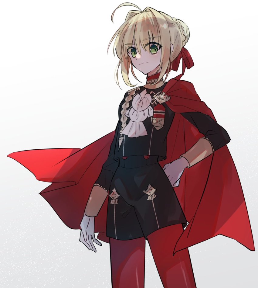 1girl, ahoge, black_jacket, black_shorts, blonde_hair, braid, cape, choker, cosplay, edelgard_von_hresvelg, edelgard_von_hresvelg_(cosplay), fate/extra, fate_(series), fire_emblem, fire_emblem:_three_houses, hair_intakes, hair_ribbon, hand_on_own_hip, highres, jacket, long_sleeves, medium_hair, nayu_tundora, nero_claudius_(fate), nintendo, pantyhose, red_cape, red_choker, red_pantyhose, red_ribbon, ribbon, shiny_clothes, shiny_legwear, short_shorts, shorts, simple_background, solo, standing, white_background