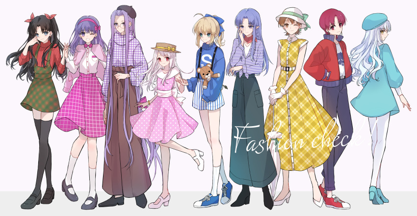 6+girls, ;), ;d, artoria_pendragon_(fate), bazett_fraga_mcremitz, black_hair, black_headwear, black_socks, blonde_hair, blue_bow, blue_dress, blue_headwear, blue_legwear, bow, brown_eyes, brown_hair, brown_headwear, brown_pants, caren_hortensia, closed_mouth, closed_umbrella, collared_shirt, dress, dress_shirt, fate/hollow_ataraxia, fate/stay_night, fate_(series), floating_hair, fujimura_taiga, green_bow, green_eyes, green_ribbon, green_skirt, grey_pants, hair_bow, hair_intakes, hairband, hand_in_pocket, hat, hat_bow, hat_ribbon, high-waist_pants, highres, illyasviel_von_einzbern, interlocked_fingers, jacket, kneehighs, long_dress, long_hair, long_sleeves, looking_back, mary_janes, matou_sakura, medea_(caster)_(fate), medea_(fate), medium_skirt, medusa_(fate), medusa_(rider)_(fate), miniskirt, multiple_girls, nayu_tundora, one_eye_closed, open_clothes, open_jacket, open_mouth, pants, pantyhose, pink_bow, pink_dress, pink_hairband, plaid_clothes, plaid_dress, pointy_ears, polka_dot, polka_dot_dress, ponytail, print_skirt, profile, purple_eyes, purple_hair, red_bow, red_eyes, red_hair, red_jacket, red_sweater, ribbon, saber_(fate), shirt, shoes, short_dress, short_hair, short_shorts, shorts, sidelocks, silver_hair, skirt, sleeveless, sleeveless_dress, sleeves_past_wrists, smile, socks, standing, standing_on_one_leg, striped_bow, striped_clothes, striped_shirt, striped_shorts, stuffed_animal, stuffed_toy, sundress, suspender_shorts, suspender_skirt, suspenders, sweater, thighhighs, tied_shirt, tohsaka_rin, twintails, umbrella, vertical-striped_clothes, vertical-striped_shorts, very_long_hair, white_headwear, white_legwear, white_shirt, white_shorts, wing_collar, yellow_bow, yellow_dress, yellow_eyes, yellow_ribbon, zettai_ryouiki