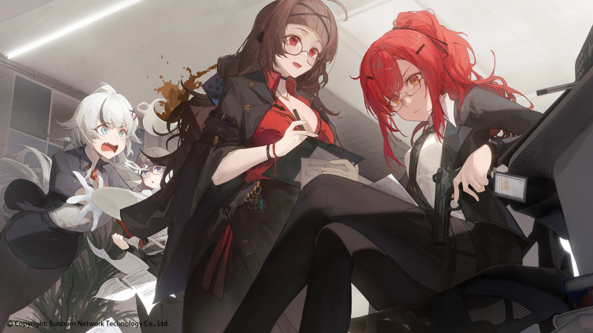 4girls, aqua_eyes, brown_hair, c14_(girls'_frontline), c14_(new_staff)_(girls'_frontline), chair, character_request, coffee_mug