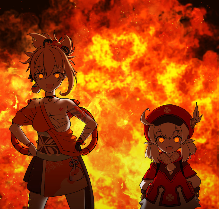 2girls, :d, ahoge, arm_tattoo, backlighting, backpack, bad_id, bad_pixiv_id