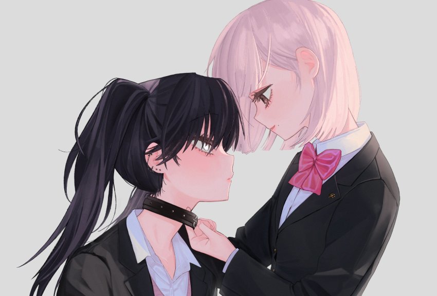 2girls, artist_self-insert, black_hair, blunt_bangs, bob_cut, bow, bowtie, collar, ear_piercing, from_side, gu_gu_o3o, heart, heart-shaped_pupils, highres, holding, holding_collar, mole, mole_under_mouth, multiple_girls, original, piercing, pink_hair, school_uniform, shirt, symbol-shaped_pupils, twintails, white_background, yuri