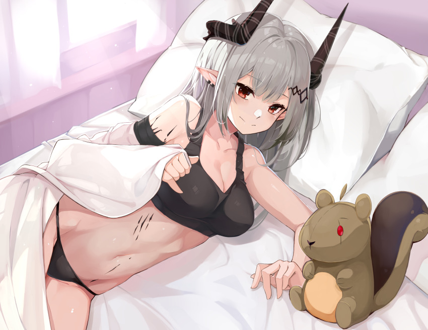 1girl, arknights, bare_shoulders, bed, black_panties, breasts, cleavage, commentary_request