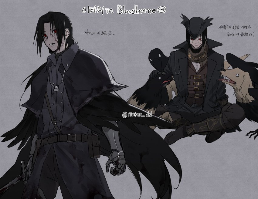 1boy, artist_name, belt, belt_buckle, bird, black_hair, black_headwear, blood, blood_on_face, bloodborne, brown_vest, buckle, cloak, coat, copyright_name, cosplay, crow, dog, eileen_the_crow, eileen_the_crow_(cosplay), feather-trimmed_coat, feather_trim, gloves, hat, hat_feather, highres, holding, holding_sword, holding_weapon, hunter_(bloodborne), hunter_(bloodborne)_(cosplay), long_hair, male_focus, naruto_(series), ningyeon, missing_headwear, petting, ponytail, red_eyes, sharingan, sitting, standing, sword, twitter_username, uchiha_itachi, vest, weapon