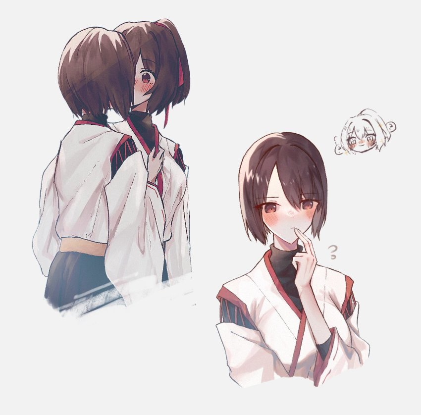 2girls, bad_id, bad_twitter_id, brown_eyes, brown_hair, finger_to_mouth, highres, hyuuga_(kancolle)